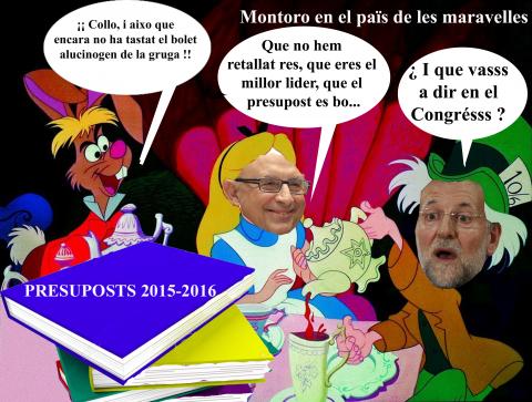 Montoro caracterisat d'Alicia en el Païs de les Maravelles li diu a Rajoy les mentires que va a soltar en el Congrés sobre els presuposts